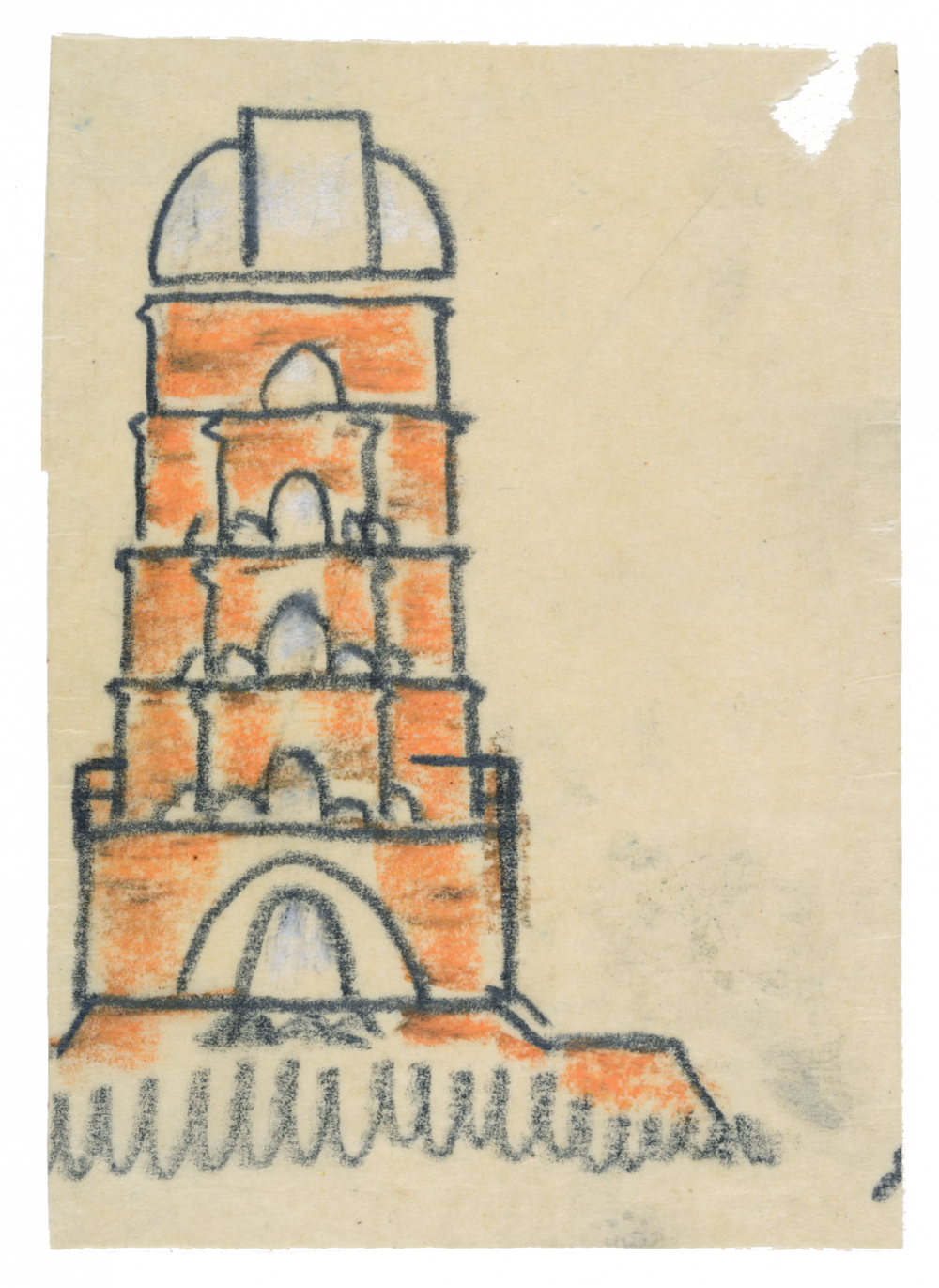 Potsdam, Einsteinturm, Variante Zeichnung (Graphit, roter Farbstift, weiß gehöht, auf Transparentpapier)