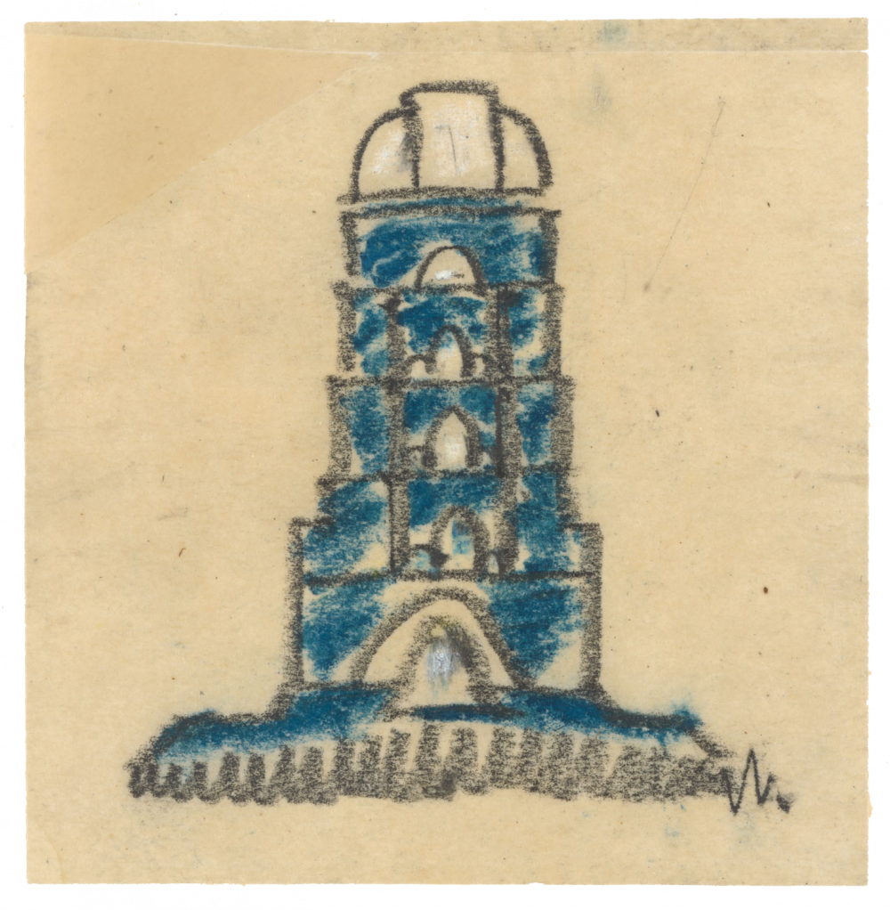 Einsteinturm,Observatorium und astrophysikalisches Institut. Skizze des Aufrisses der Front (Bleistift, blaue und weiße Kreide auf Transparentpapier)