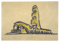 Einsteinturm, Oberservatorium und astrophysikalisches Institut. Skizze der Ansicht von Nordwesten - Perspektivansicht, Zeichnung (Bleistift, gelbe Kreide auf Papier)
